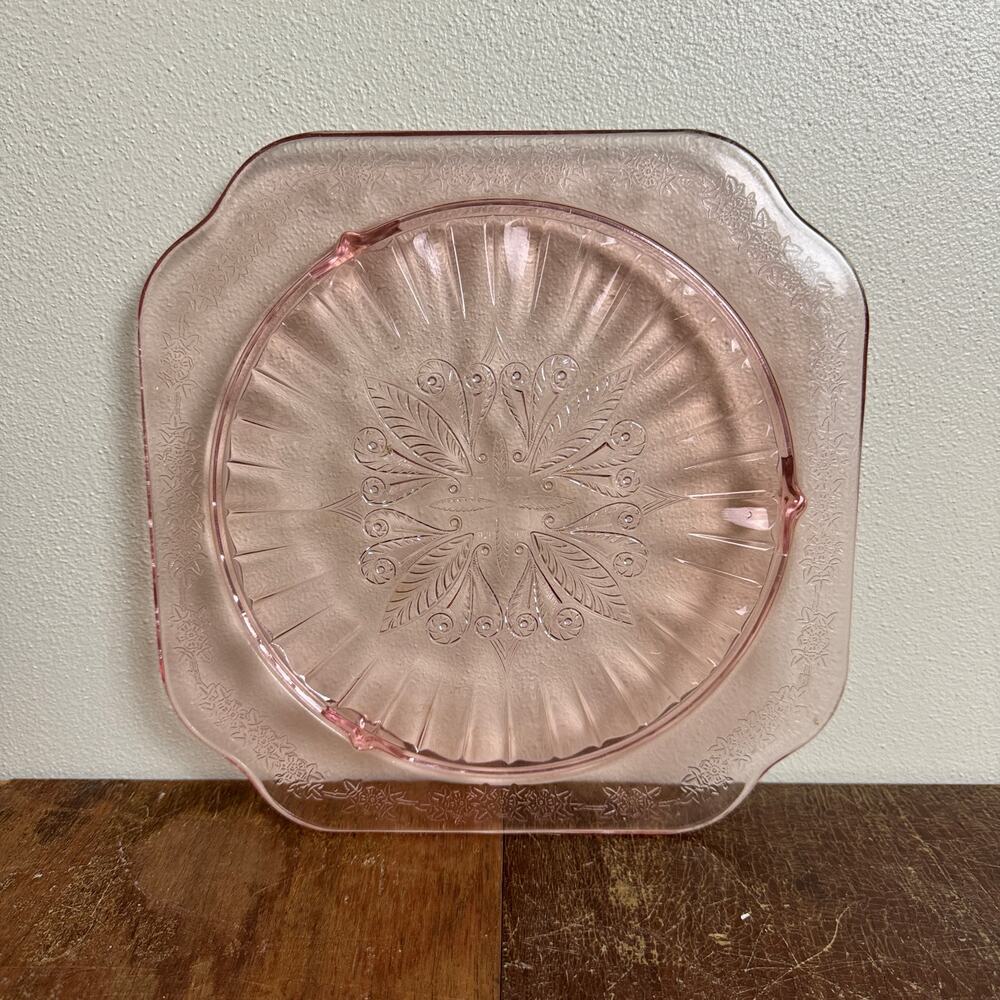 Jeanette Glass ADAM Square Pink Depression Glass Cake Dessert Serving Dish‎